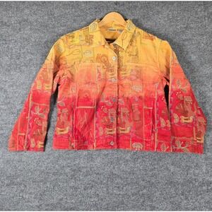 Chicos Design Embroidered Denim Jacket Women Size 3‎ Ombre Red Yellow Ethnic Art